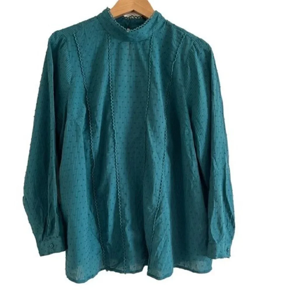 Modcloth Swiss dot high neckline green blouse size 1X